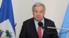 Sekrete Jeneral Nasyonzini Antonio Guterres pale pandan yon konferans pou lapres nan salon diplomatik ayeropo entenaysonal Toussaint Louverture la nan Potoprens, Ayiti, 1 Jiye, 2023. 