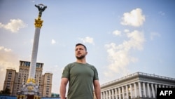 This photo released by the Ukrainian presidential press service on Aug. 24, 2022, shows Ukrainian President Volodymyr Zelensky at Kyiv's "Maidan" Independence Square, on Ukraine's Independence Day, on Aug. 23, 2022