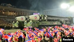 Missiles are displayed during a military parade to mark the 75th founding anniversary of North Korea's army, at Kim Il Sung Square in Pyongyang, North Korea Feb. 8, 2023. (North Korea's Korean Central News Agency via Reuters)