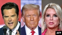 Dân biểu Matt Gaetz (trái), Tổng thống đắc cử Donald Trump (giữa), cựu Bộ trưởng Tư pháp Florida Pam Bondi (phải); (Photo: AFP)