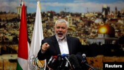 Hamas lideri İsmail Haniye 2017 yılında eski Başkan Donald Trump'ın Kudüs'ü İsrail'in başkenti olarak tanıma kararına tepki gösterirken, 7 Aralık 2017. 