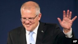 Thủ tướng Úc, Scott Morrison, nói chuyện với người ủng hộ sau khi đối thủ thừa nhận thất bại trong bầu cử liên bang Úc, 19 tháng Năm, 2019.