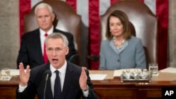 Tổng thư ký NATO Jens Stoltenberg đọc diễn văn tại lưỡng viện Quốc hội Mỹ ở Washington ngày 3/4/2019.