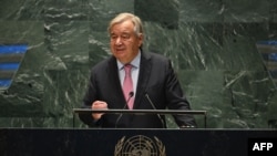 UN Secretary-General Antonio Guterres speaks during "Summit of the Future" on the sidelines of the UN General Assembly at the United Nations Headquarters in New York, September 22, 2024. (Photo by ANGELA WEISS / AFP)